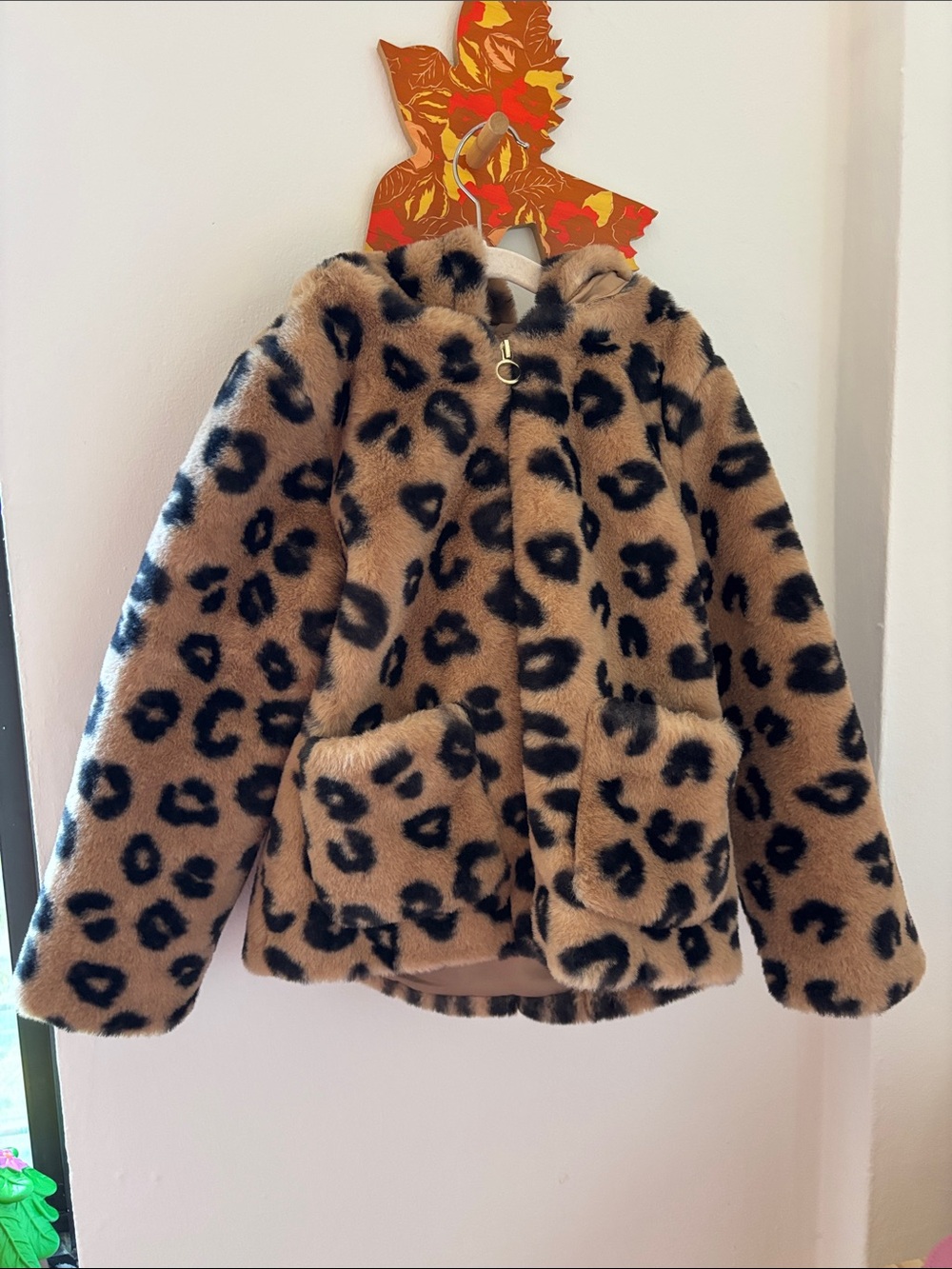 H&M Leopard Faux-Fur Jacket - Tan & Black girl 5T/6 removable hood
